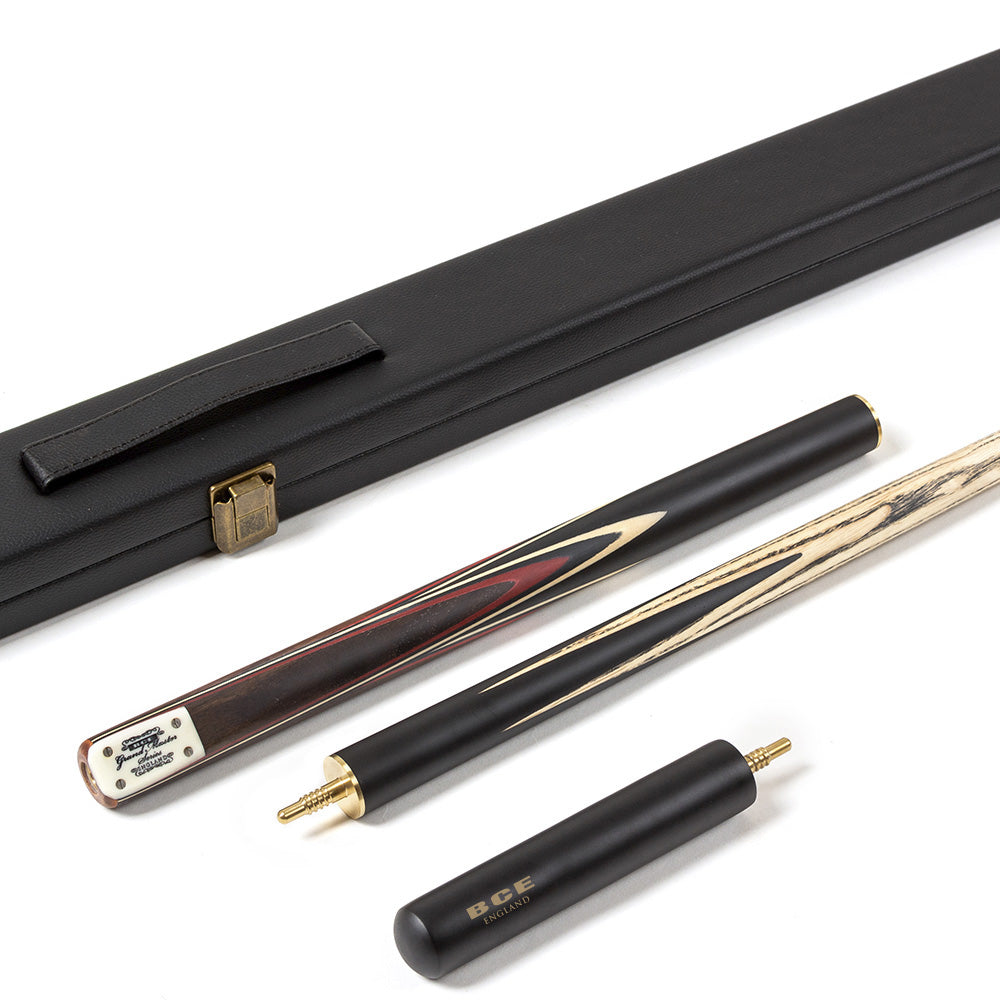 BCE 3 Piece Grand Master Snooker Cue - 3/4 Cut Cue - Layered Ebonised Black Wood Butt - 9.5mm Tip - 145cm - Black/ Red/ Natural