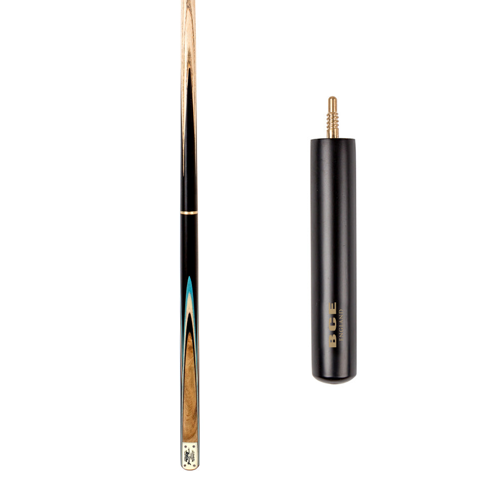 BCE 3 Piece Grand Master Snooker Cue - 3/4 Cut Cue - Layered Ebonised Black Wood Butt - 9.5mm Tip - 145cm - Black/ Blue/ Natural