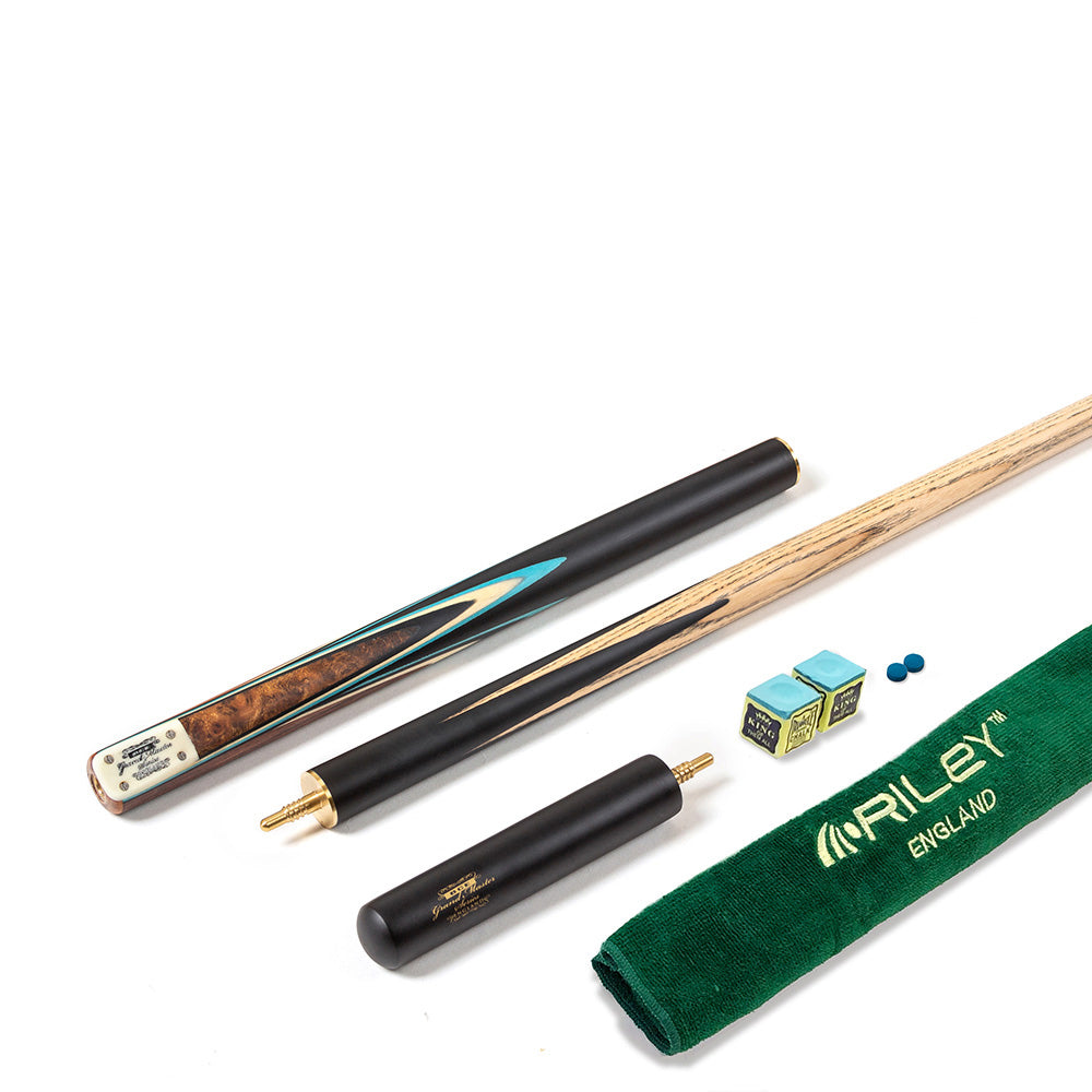 BCE 3 Piece Grand Master Snooker Cue - 3/4 Cut Cue - Layered Ebonised Black Wood Butt - 9.5mm Tip - 145cm - Black/ Blue/ Natural