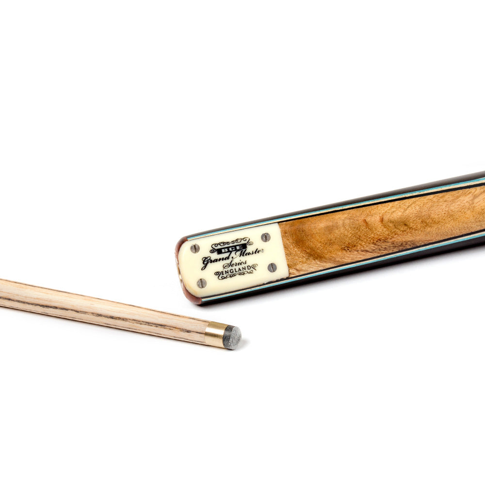 BCE 3 Piece Grand Master Snooker Cue - 3/4 Cut Cue - Layered Ebonised Black Wood Butt - 9.5mm Tip - 145cm - Black/ Blue/ Natural
