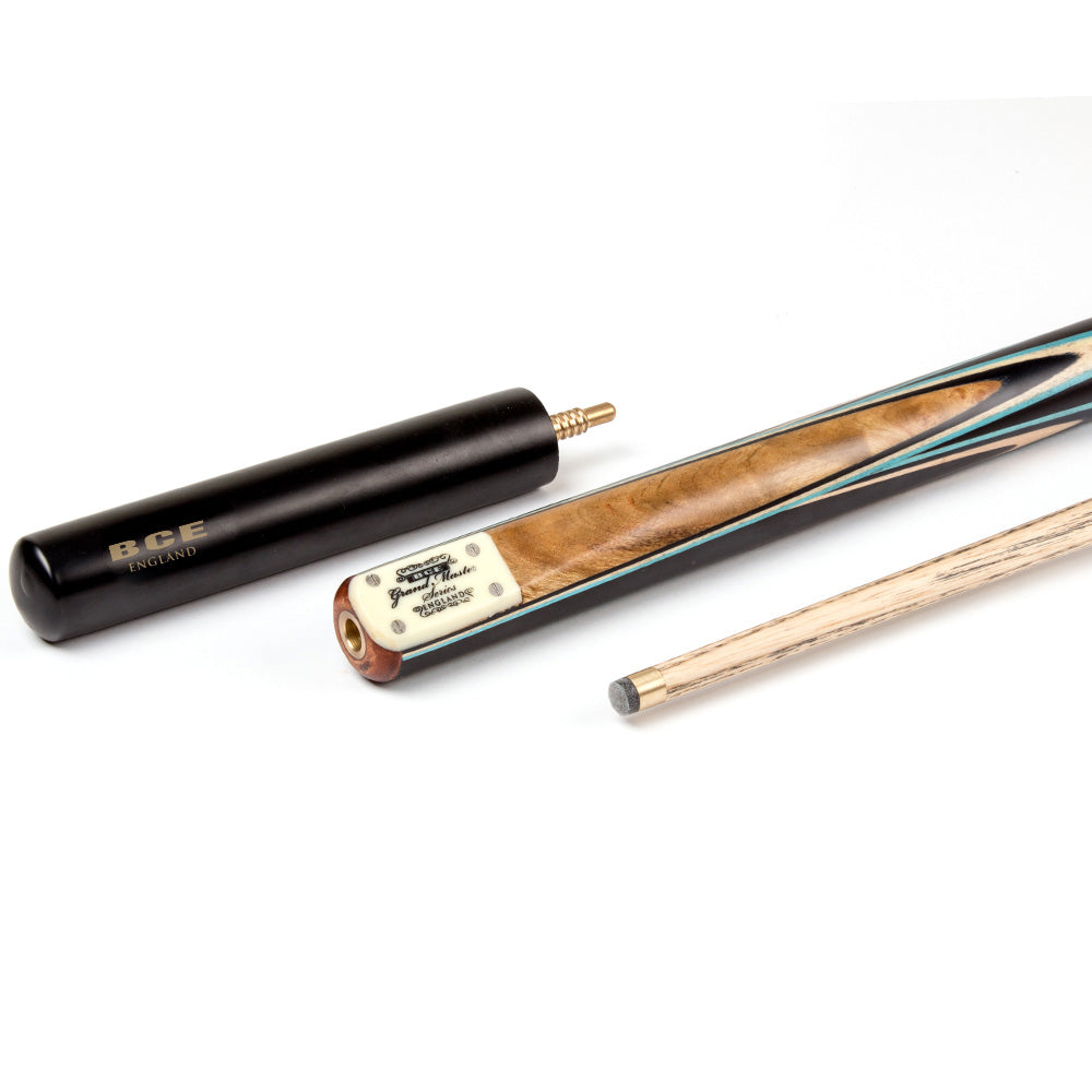 BCE 3 Piece Grand Master Snooker Cue - 3/4 Cut Cue - Layered Ebonised Black Wood Butt - 9.5mm Tip - 145cm - Black/ Blue/ Natural
