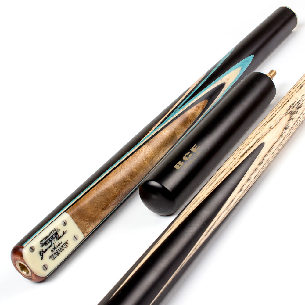 BCE 3 Piece Grand Master Snooker Cue - 3/4 Cut Cue - Layered Ebonised Black Wood Butt - 9.5mm Tip - 145cm - Black/ Blue/ Natural