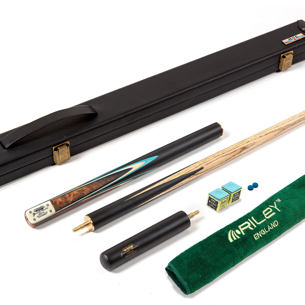 BCE 3 Piece Grand Master Snooker Cue - 3/4 Cut Cue - Layered Ebonised Black Wood Butt - 9.5mm Tip - 145cm - Black/ Blue/ Natural