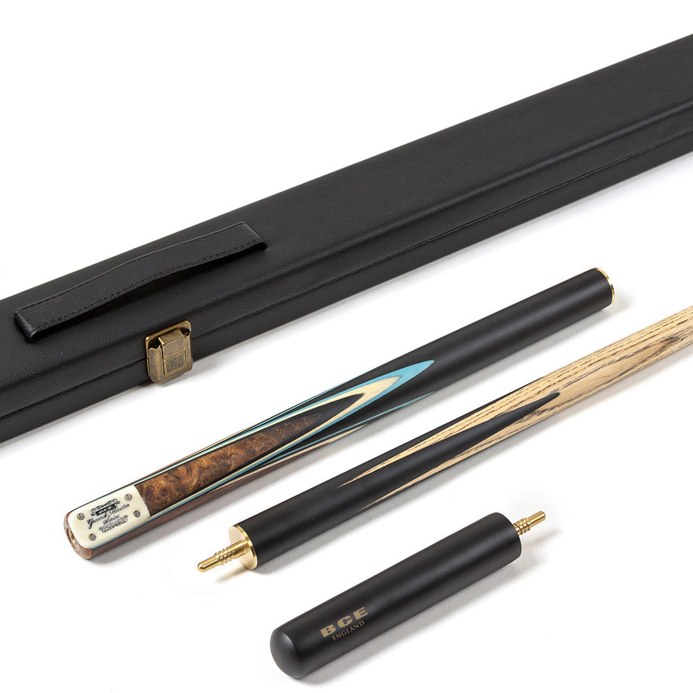 BCE 3 Piece Grand Master Snooker Cue - 3/4 Cut Cue - Layered Ebonised Black Wood Butt - 9.5mm Tip - 145cm - Black/ Blue/ Natural