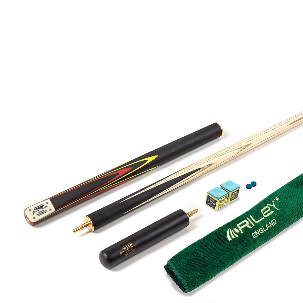 BCE 3 Piece Grand Master Snooker Cue - 3/4 Cut Cue - Layered Ebonised Black Wood Butt - 9.5mm Tip - 145cm - Black/Red/ Yellow