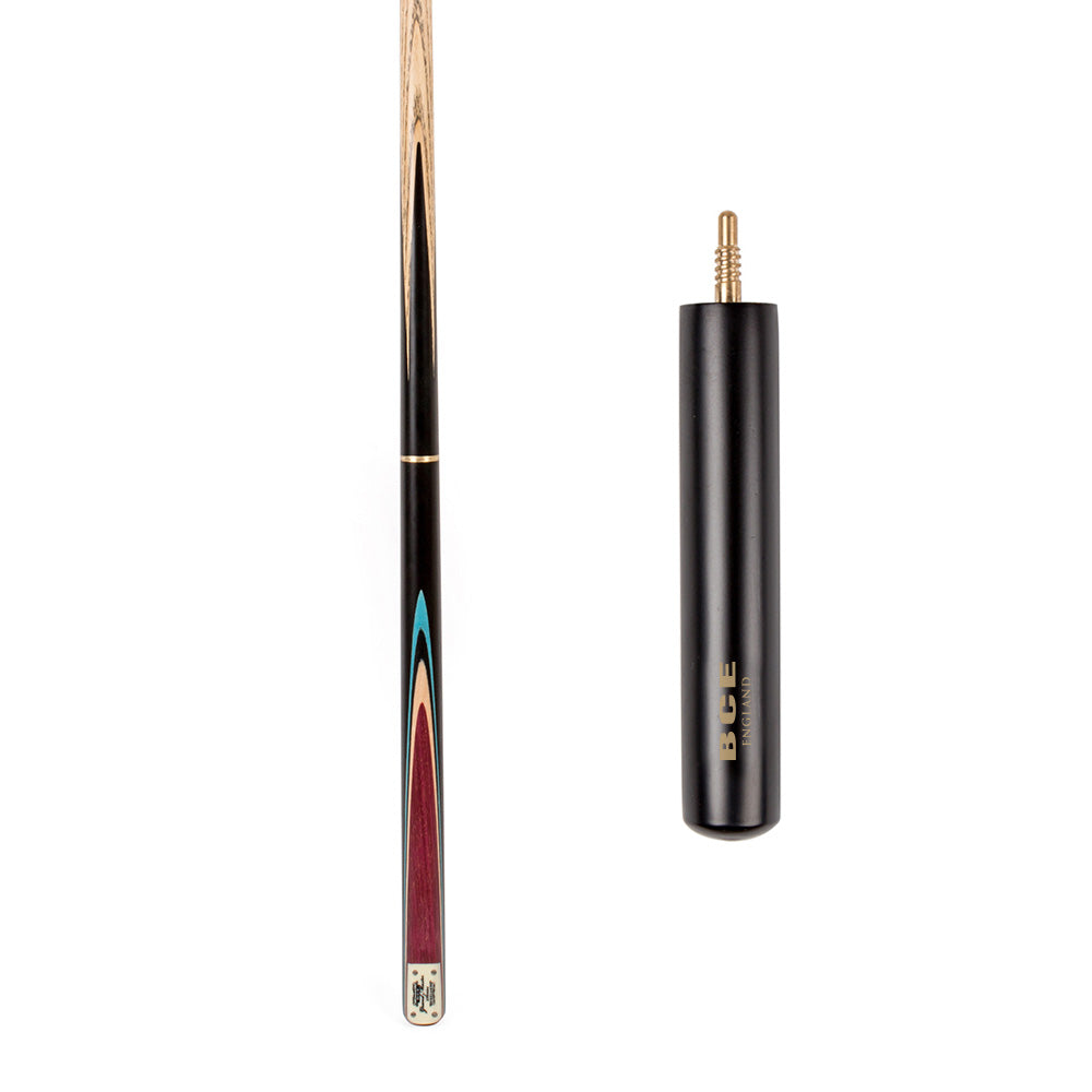 BCE 3 Piece Grand Master Snooker Cue - 3/4 Cut Cue - Layered Ebonised Black Wood Butt - 9.5mm Tip - 145cm - Black/Natural/ Blue