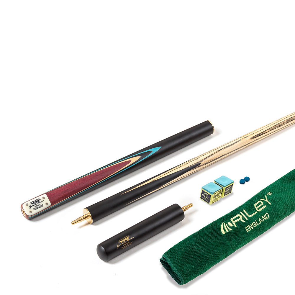 BCE 3 Piece Grand Master Snooker Cue - 3/4 Cut Cue - Layered Ebonised Black Wood Butt - 9.5mm Tip - 145cm - Black/Natural/ Blue