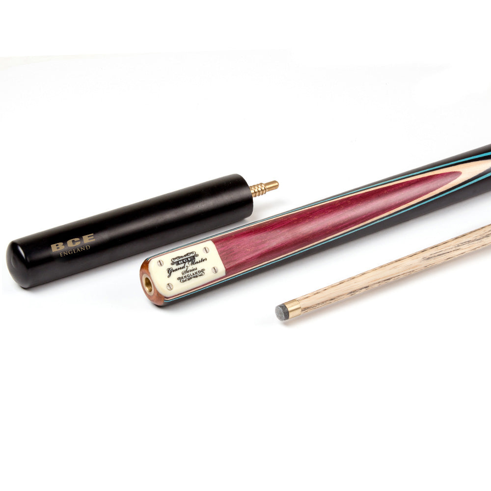 BCE 3 Piece Grand Master Snooker Cue - 3/4 Cut Cue - Layered Ebonised Black Wood Butt - 9.5mm Tip - 145cm - Black/Natural/ Blue