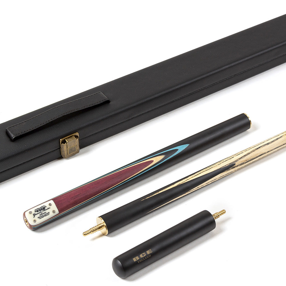 BCE 3 Piece Grand Master Snooker Cue - 3/4 Cut Cue - Layered Ebonised Black Wood Butt - 9.5mm Tip - 145cm - Black/Natural/ Blue