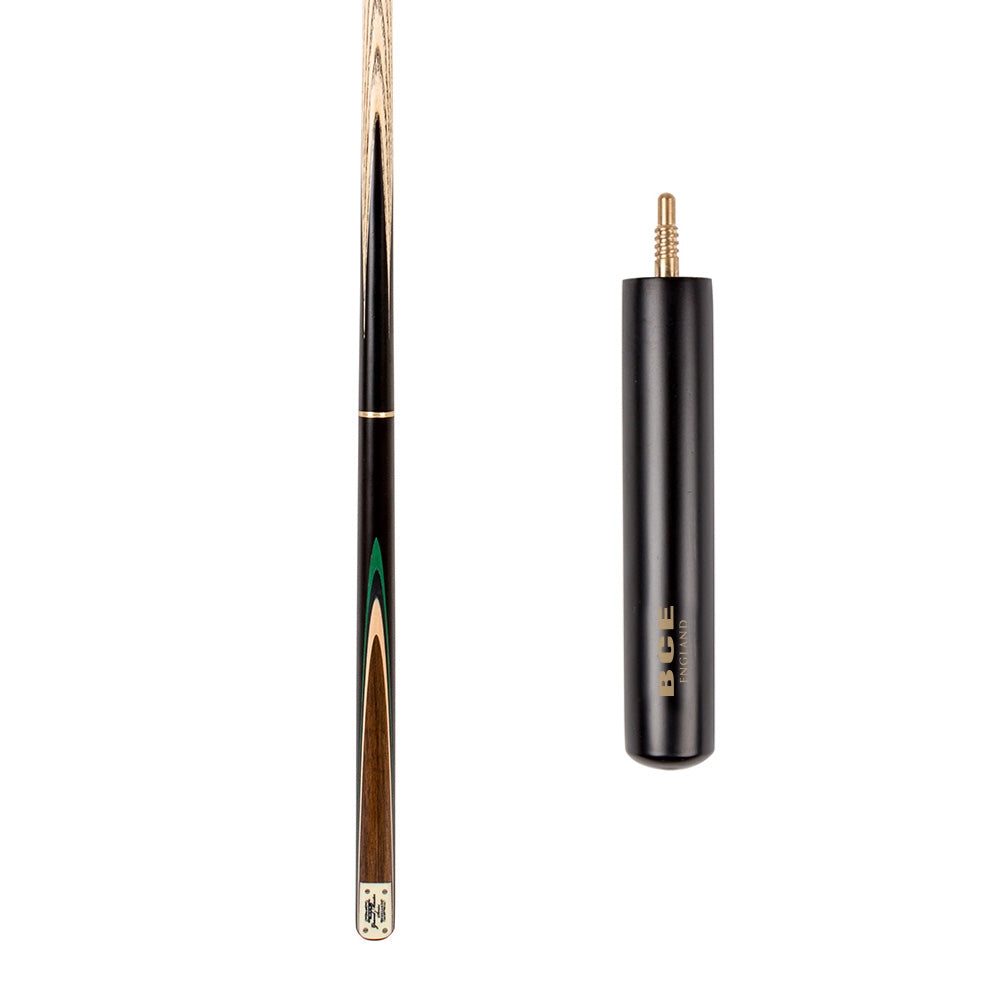 BCE 3 Piece Grand Master Snooker Cue and Hard Case 3/4 Cut- Layered Ebonised Black Wood Butt  - 9.5mm Tip - 145cm - Black/Natural/ Green