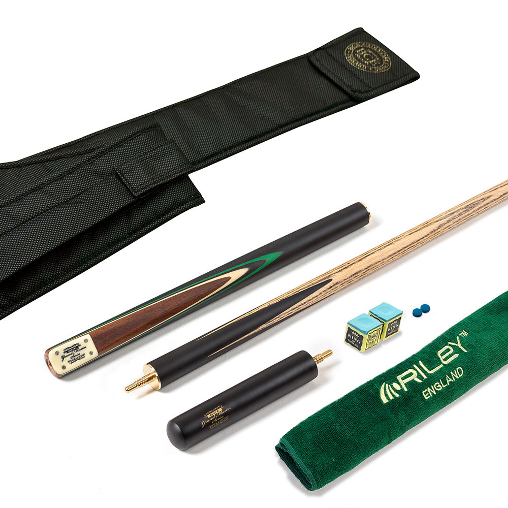 BCE 3 Piece Grand Master Snooker Cue and Hard Case 3/4 Cut- Layered Ebonised Black Wood Butt  - 9.5mm Tip - 145cm - Black/Natural/ Green