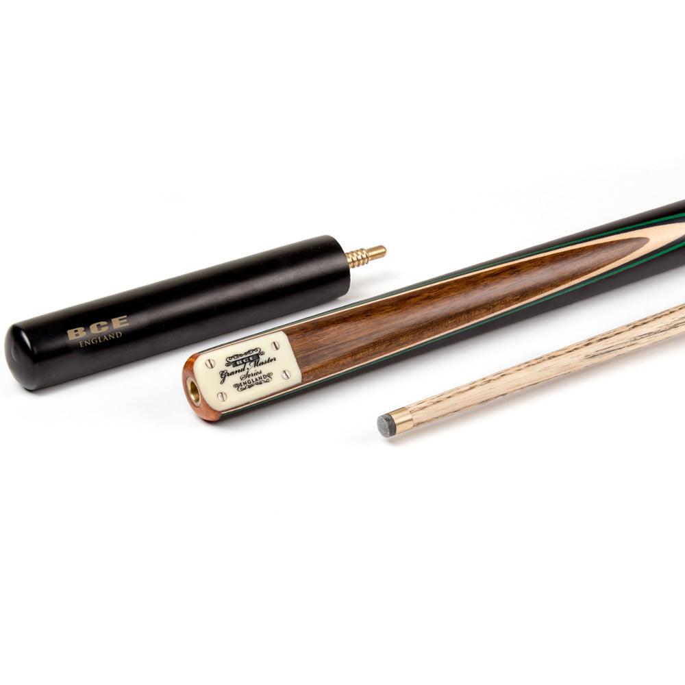 BCE 3 Piece Grand Master Snooker Cue and Hard Case 3/4 Cut- Layered Ebonised Black Wood Butt  - 9.5mm Tip - 145cm - Black/Natural/ Green