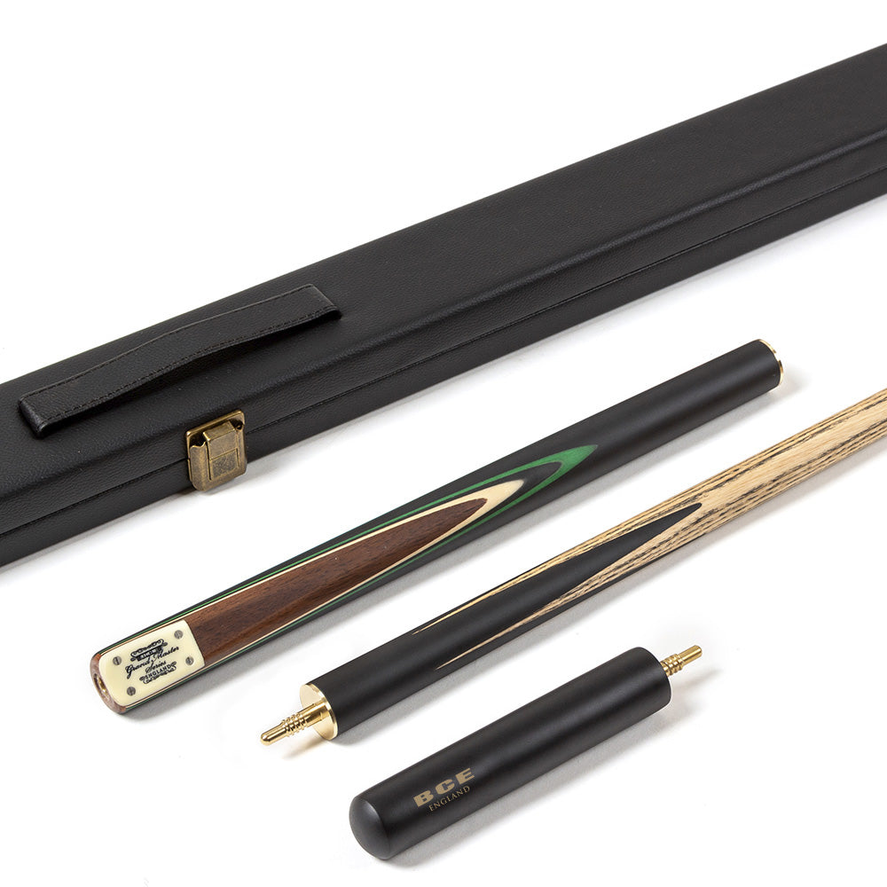 BCE 3 Piece Grand Master Snooker Cue and Hard Case 3/4 Cut- Layered Ebonised Black Wood Butt  - 9.5mm Tip - 145cm - Black/Natural/ Green