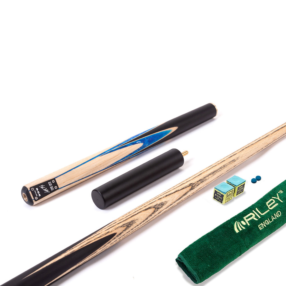 BCE Black Series - 3 Piece Snooker Cue - 3/4 Cut - Layered Ebonised Black Wood Butt - 9.5mm Tip - 145cm - Black/ Blue and White Marbleised Resin / Natural Wood