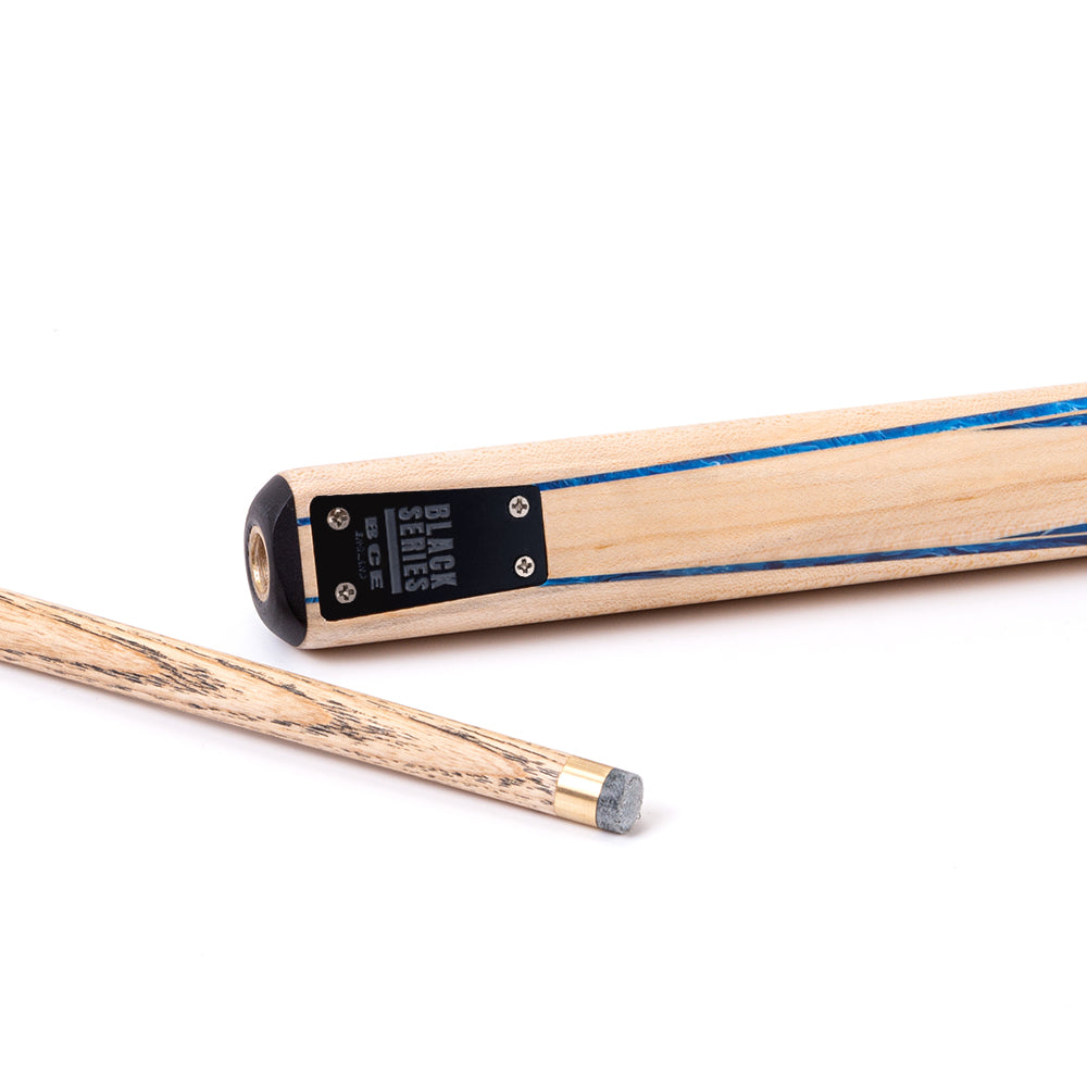BCE Black Series - 3 Piece Snooker Cue - 3/4 Cut - Layered Ebonised Black Wood Butt - 9.5mm Tip - 145cm - Black/ Blue and White Marbleised Resin / Natural Wood
