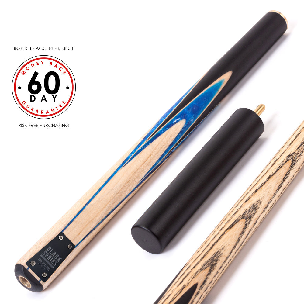 BCE Black Series - 3 Piece Snooker Cue - 3/4 Cut - Layered Ebonised Black Wood Butt - 9.5mm Tip - 145cm - Black/ Blue and White Marbleised Resin / Natural Wood