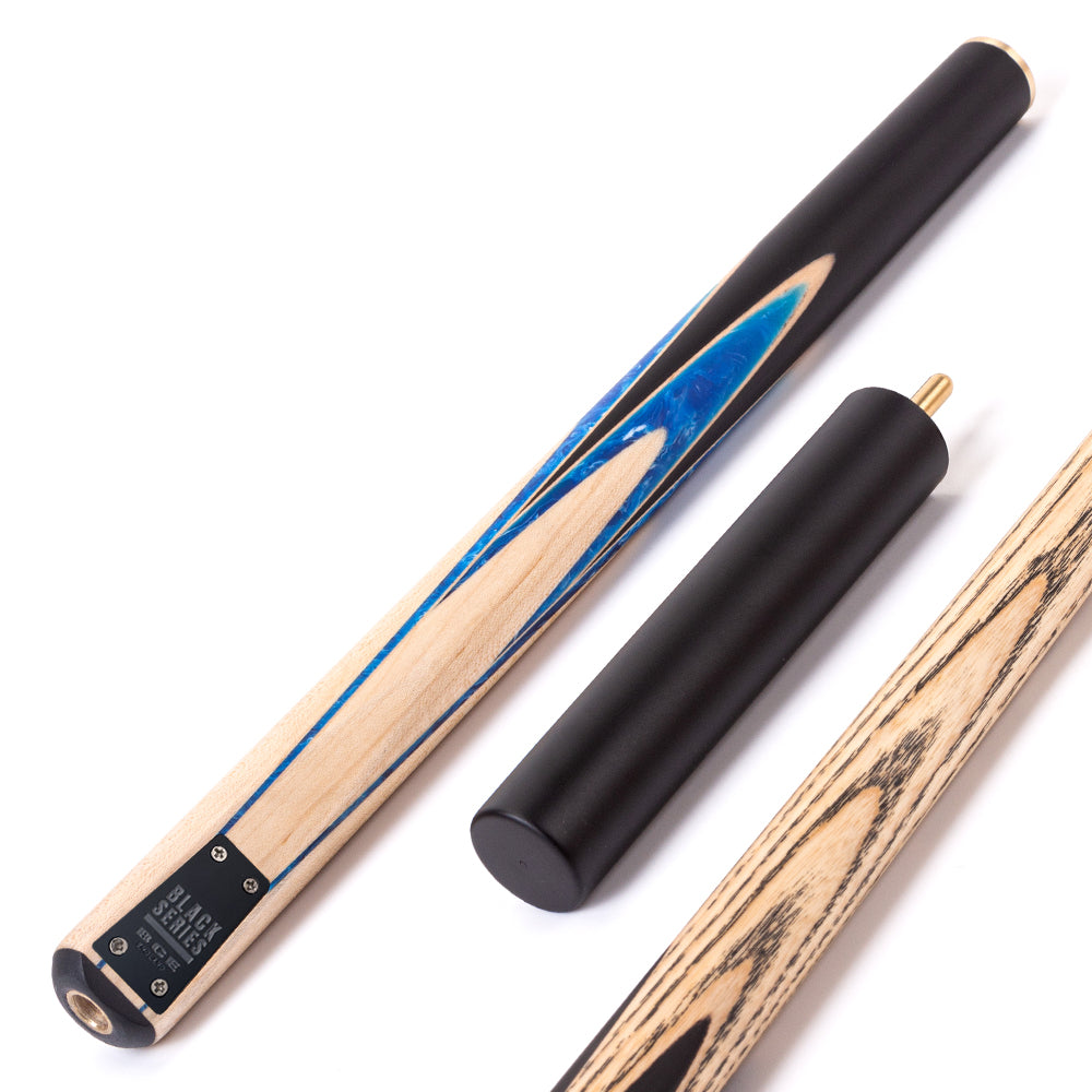 BCE Black Series - 3 Piece Snooker Cue - 3/4 Cut - Layered Ebonised Black Wood Butt - 9.5mm Tip - 145cm - Black/ Blue and White Marbleised Resin / Natural Wood