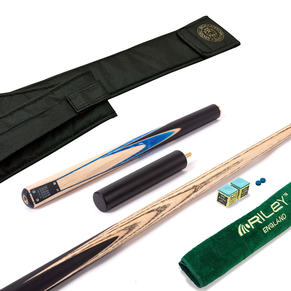 BCE Black Series - 3 Piece Snooker Cue - 3/4 Cut - Layered Ebonised Black Wood Butt - 9.5mm Tip - 145cm - Black/ Blue and White Marbleised Resin / Natural Wood