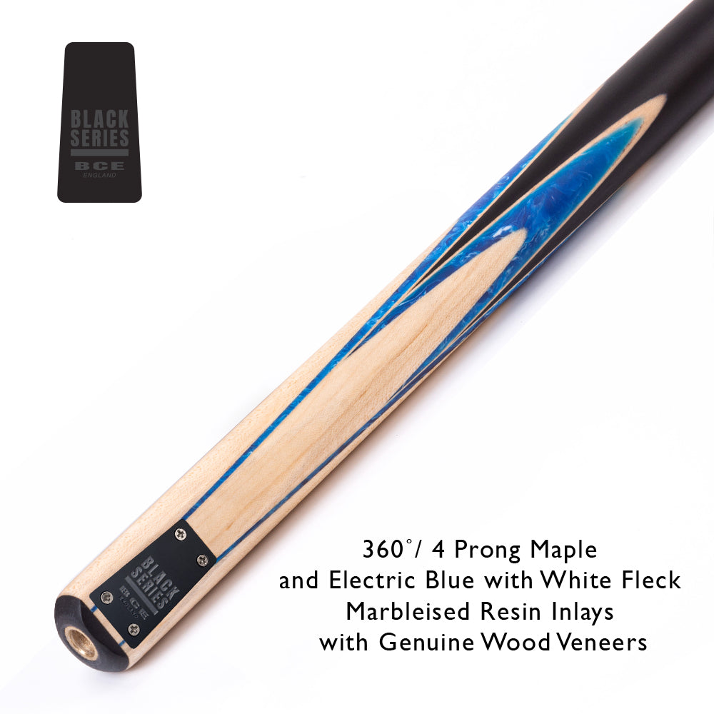 BCE Black Series - 3 Piece Snooker Cue - 3/4 Cut - Layered Ebonised Black Wood Butt - 9.5mm Tip - 145cm - Black/ Blue and White Marbleised Resin / Natural Wood