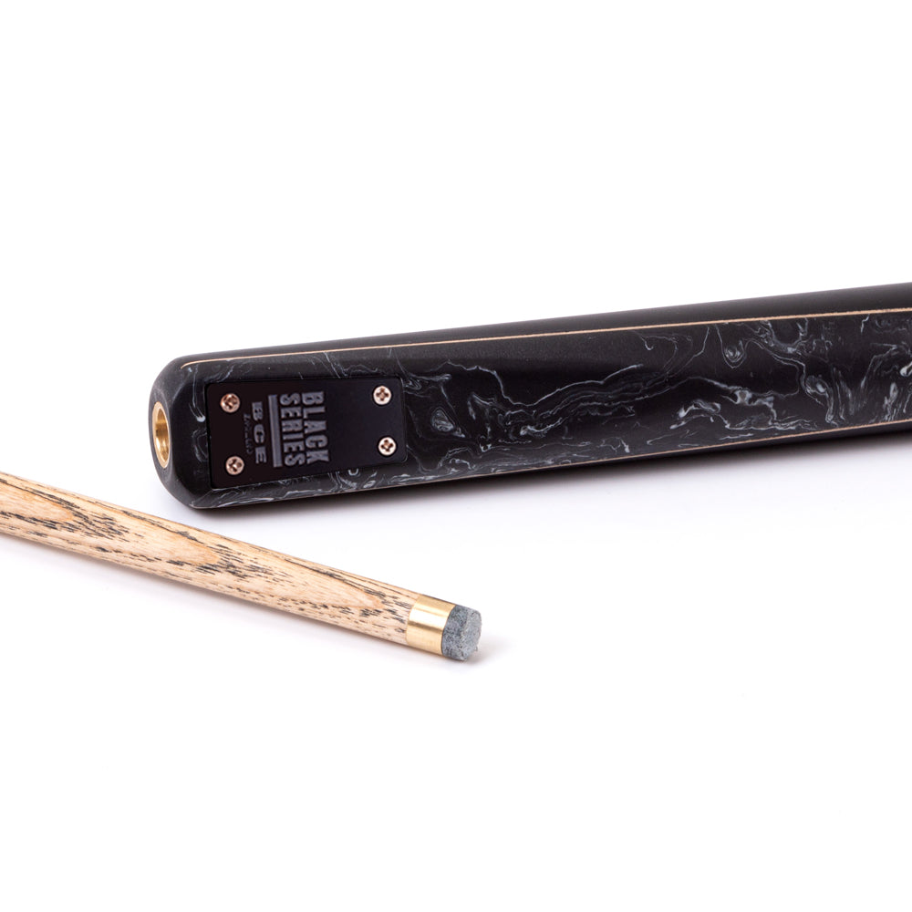 BCE Black Series - 3 Piece Snooker Cue - 3/4 Cut Cue - Layered Ebonised Black Wood Butt - 9.5mm Tip - 145cm - Black/ Black and White Marbleised Resin