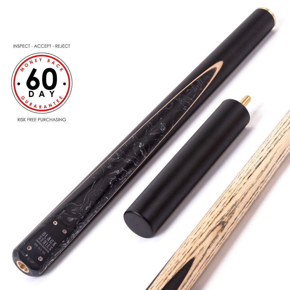 BCE Black Series - 3 Piece Snooker Cue - 3/4 Cut Cue - Layered Ebonised Black Wood Butt - 9.5mm Tip - 145cm - Black/ Black and White Marbleised Resin