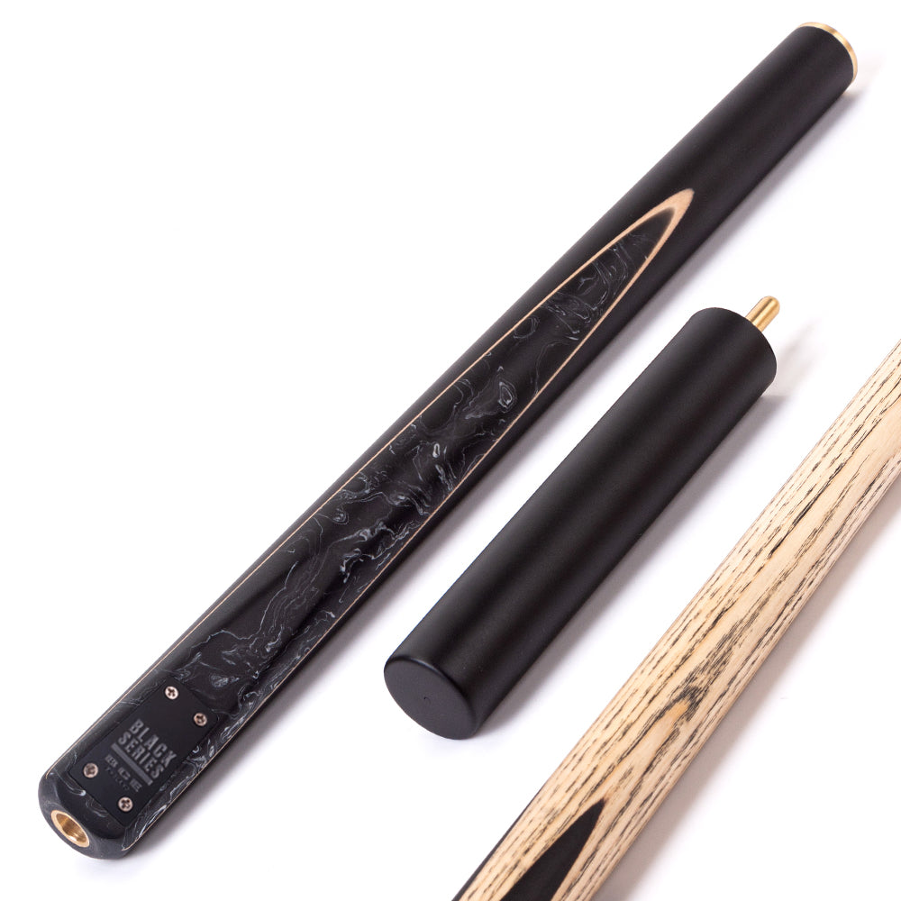 BCE Black Series - 3 Piece Snooker Cue - 3/4 Cut Cue - Layered Ebonised Black Wood Butt - 9.5mm Tip - 145cm - Black/ Black and White Marbleised Resin