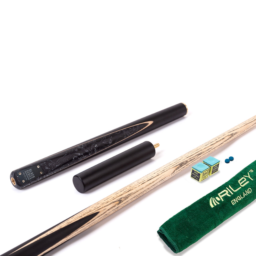 BCE Black Series - 3 Piece Snooker Cue - 3/4 Cut Cue - Layered Ebonised Black Wood Butt - 9.5mm Tip - 145cm - Black/ Black and White Marbleised Resin