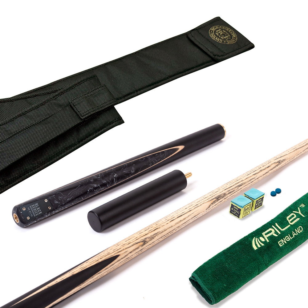 BCE Black Series - 3 Piece Snooker Cue - 3/4 Cut Cue - Layered Ebonised Black Wood Butt - 9.5mm Tip - 145cm - Black/ Black and White Marbleised Resin
