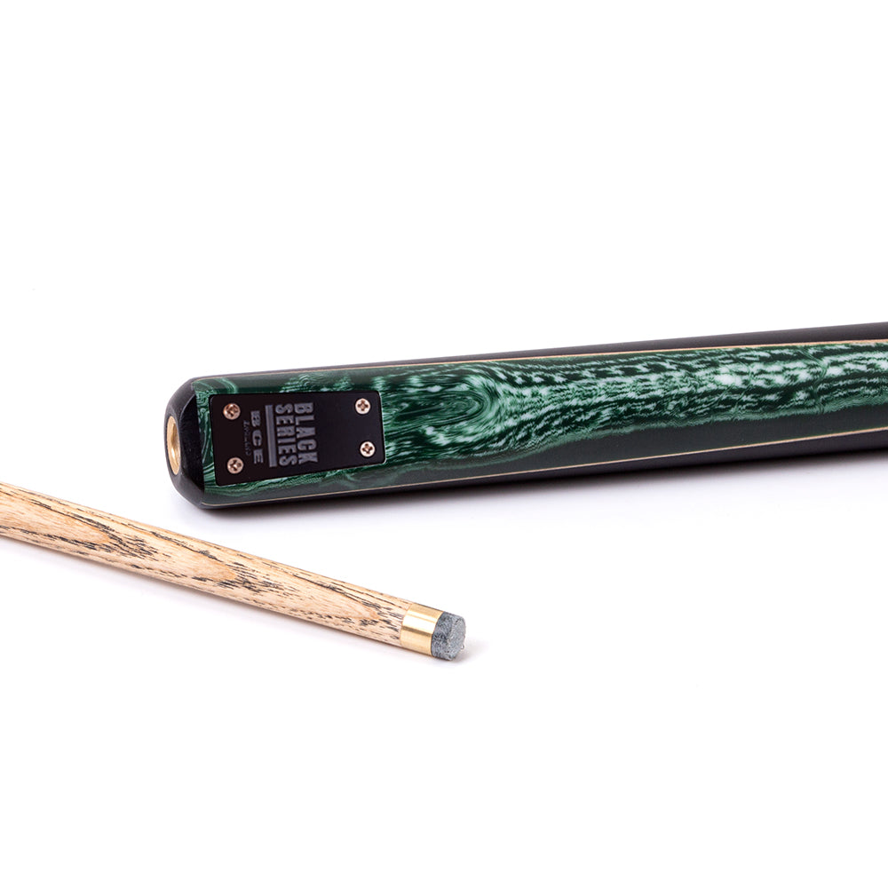 BCE Black Series - 3 Piece Snooker Cue - 3/4 Cut Cue - Layered Ebonised Black Wood Butt - 9.5mm Tip - 145cm - Black/ Green and White Marbleised Resin