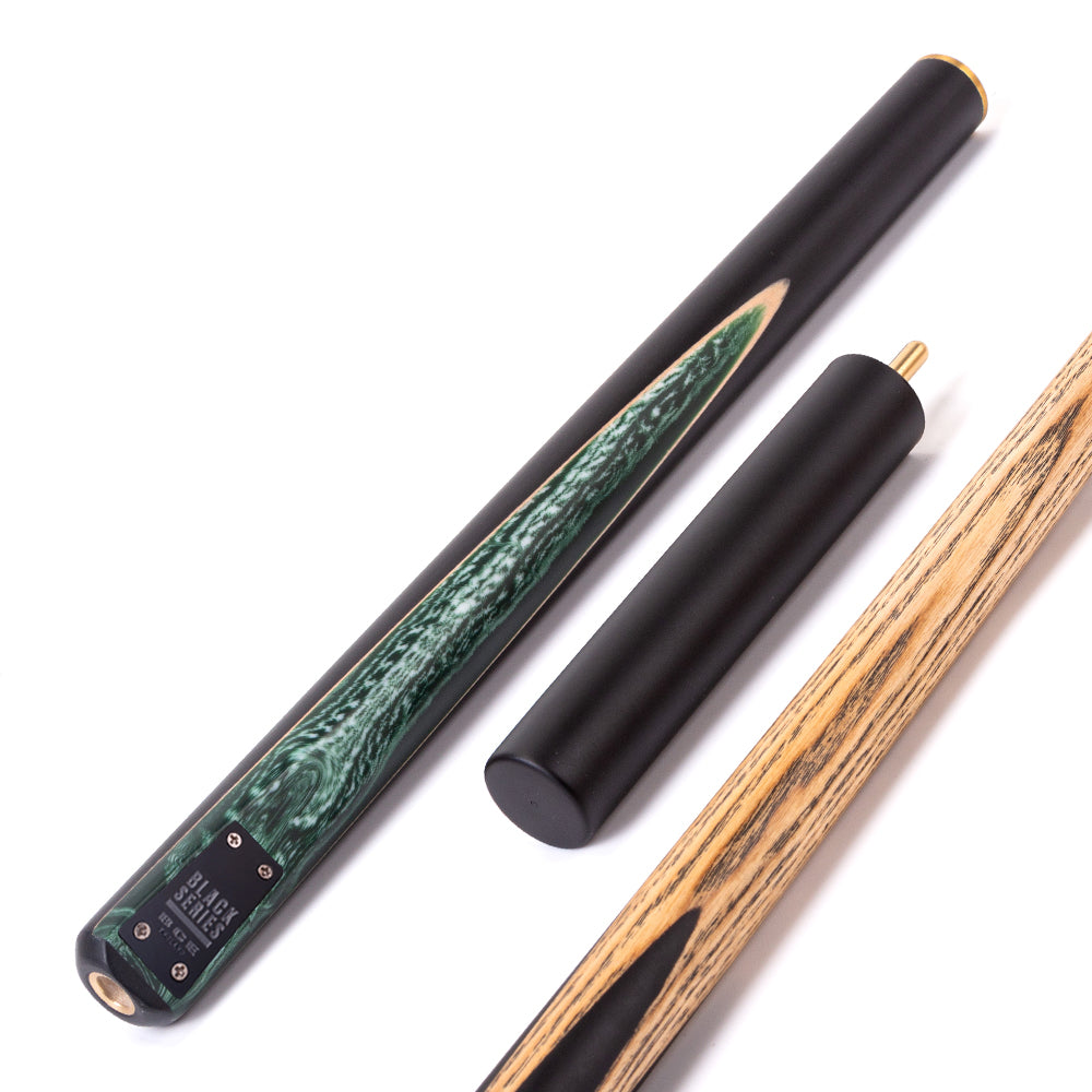 BCE Black Series - 3 Piece Snooker Cue - 3/4 Cut Cue - Layered Ebonised Black Wood Butt - 9.5mm Tip - 145cm - Black/ Green and White Marbleised Resin