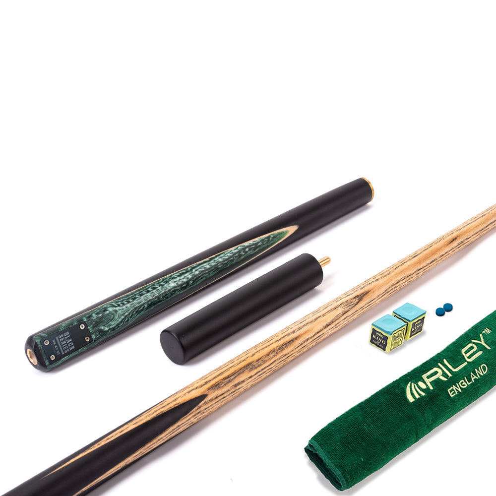BCE Black Series - 3 Piece Snooker Cue - 3/4 Cut Cue - Layered Ebonised Black Wood Butt - 9.5mm Tip - 145cm - Black/ Green and White Marbleised Resin