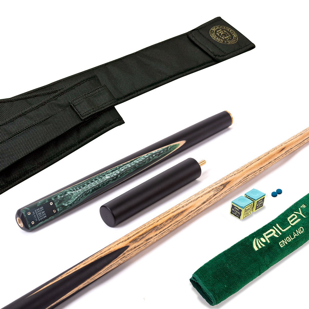 BCE Black Series - 3 Piece Snooker Cue - 3/4 Cut Cue - Layered Ebonised Black Wood Butt - 9.5mm Tip - 145cm - Black/ Green and White Marbleised Resin