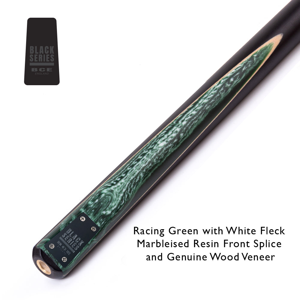 BCE Black Series - 3 Piece Snooker Cue - 3/4 Cut Cue - Layered Ebonised Black Wood Butt - 9.5mm Tip - 145cm - Black/ Green and White Marbleised Resin