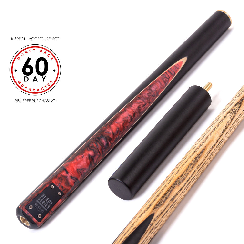 BCE Black Series - 3 Piece Snooker Cue - 3/4 Cut Cue - Layered Ebonised Black Wood Butt - 9.5mm Tip - 145cm - Black/ Red and Black Marbleised Resin