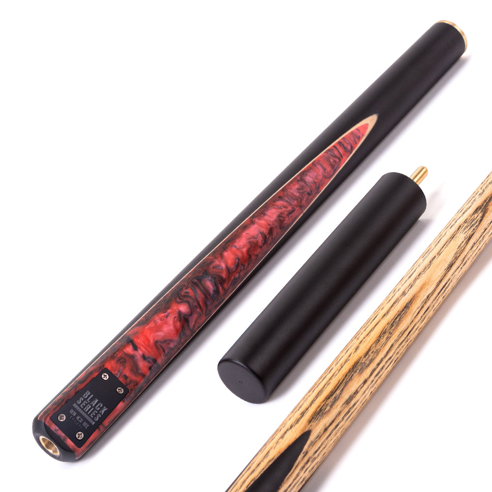 BCE Black Series - 3 Piece Snooker Cue - 3/4 Cut Cue - Layered Ebonised Black Wood Butt - 9.5mm Tip - 145cm - Black/ Red and Black Marbleised Resin