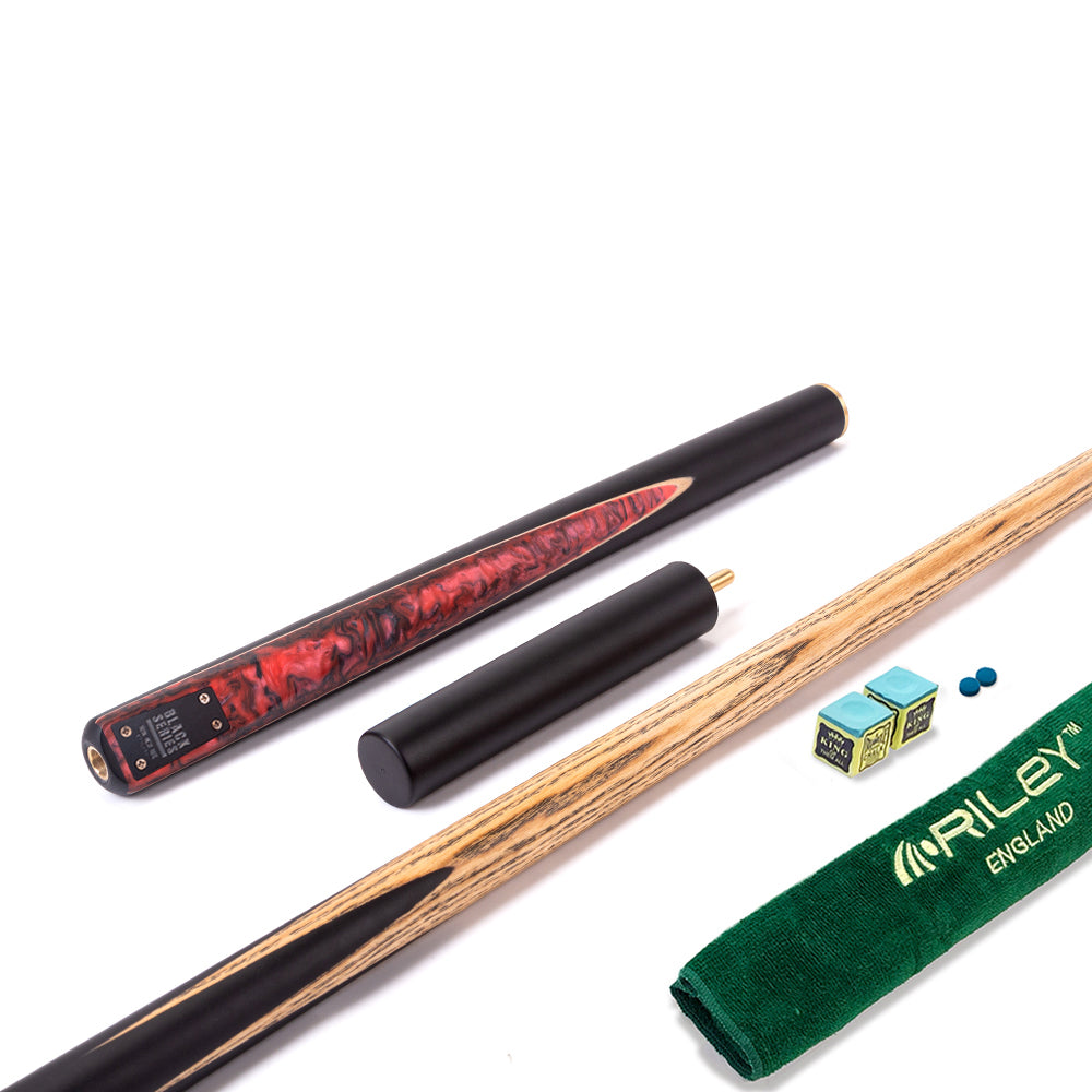 BCE Black Series - 3 Piece Snooker Cue - 3/4 Cut Cue - Layered Ebonised Black Wood Butt - 9.5mm Tip - 145cm - Black/ Red and Black Marbleised Resin