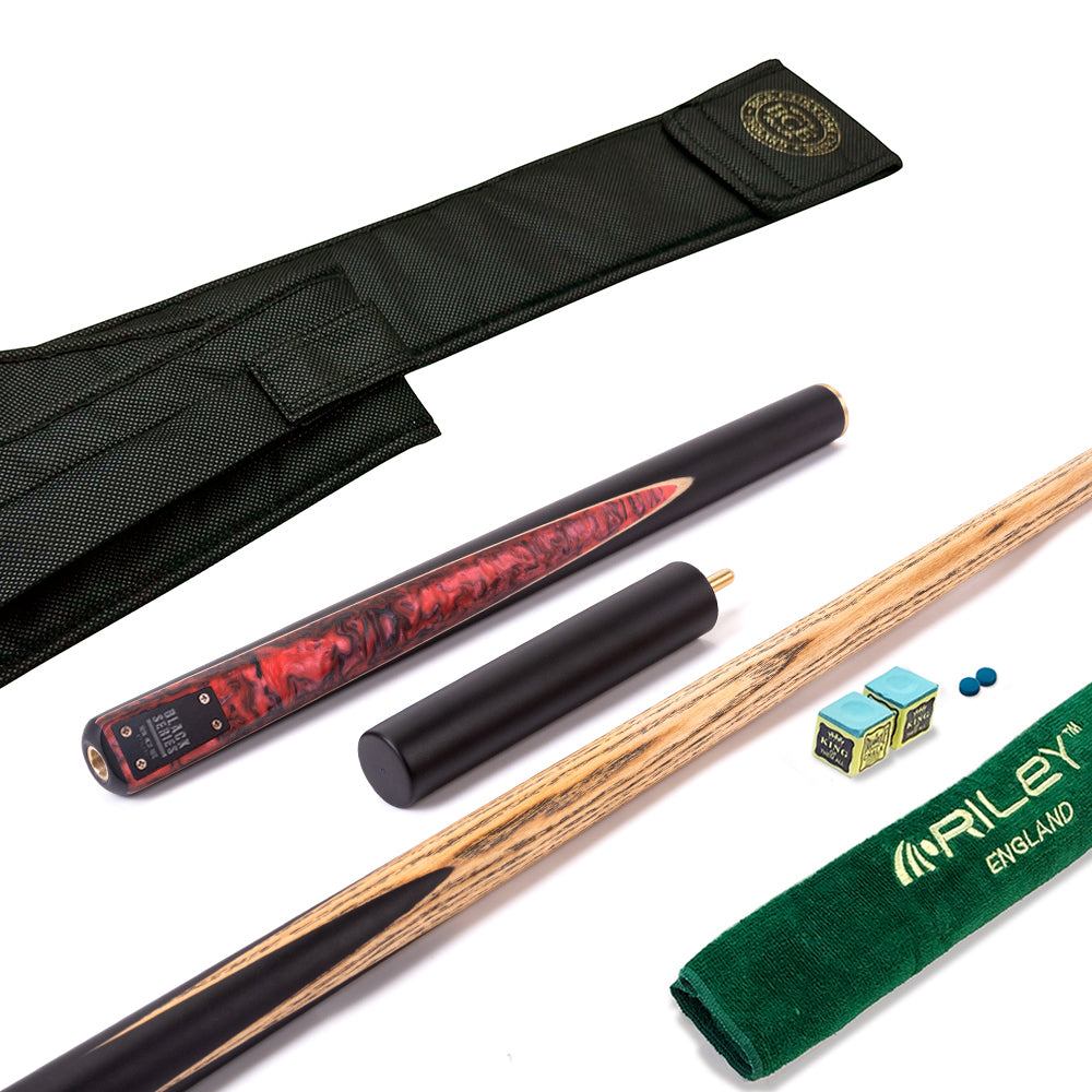 BCE Black Series - 3 Piece Snooker Cue - 3/4 Cut Cue - Layered Ebonised Black Wood Butt - 9.5mm Tip - 145cm - Black/ Red and Black Marbleised Resin