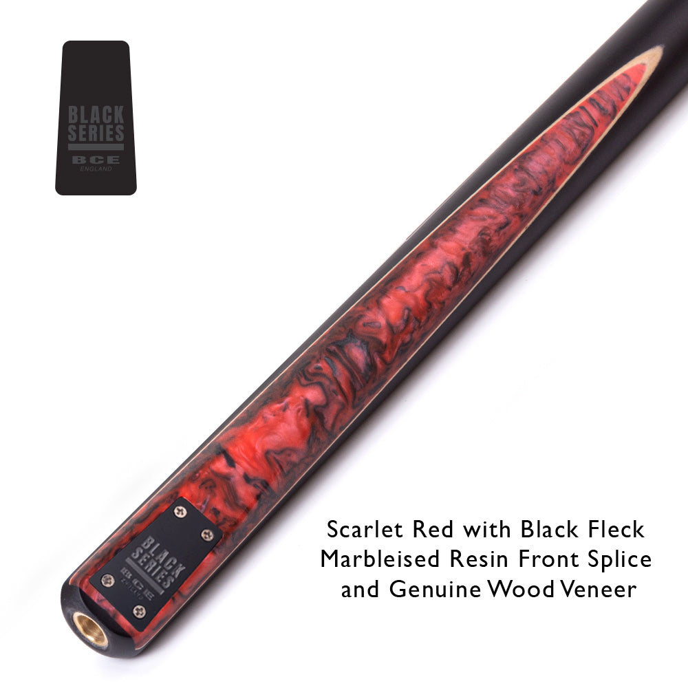BCE Black Series - 3 Piece Snooker Cue - 3/4 Cut Cue - Layered Ebonised Black Wood Butt - 9.5mm Tip - 145cm - Black/ Red and Black Marbleised Resin