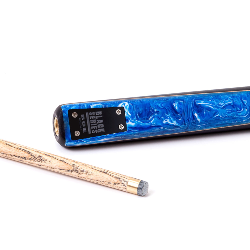 BCE Black Series - 3 Piece Snooker Cue - 3/4 Cut Cue - Layered Ebonised Black Wood Butt - 9.5mm Tip - 145cm - Black/ Blue and White Marbleised Resin