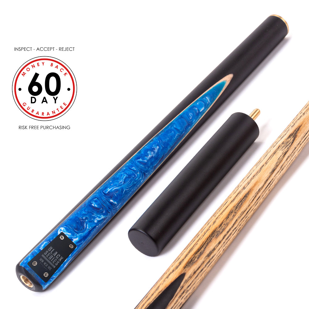 BCE Black Series - 3 Piece Snooker Cue - 3/4 Cut Cue - Layered Ebonised Black Wood Butt - 9.5mm Tip - 145cm - Black/ Blue and White Marbleised Resin