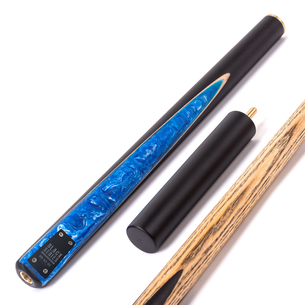 BCE Black Series - 3 Piece Snooker Cue - 3/4 Cut Cue - Layered Ebonised Black Wood Butt - 9.5mm Tip - 145cm - Black/ Blue and White Marbleised Resin