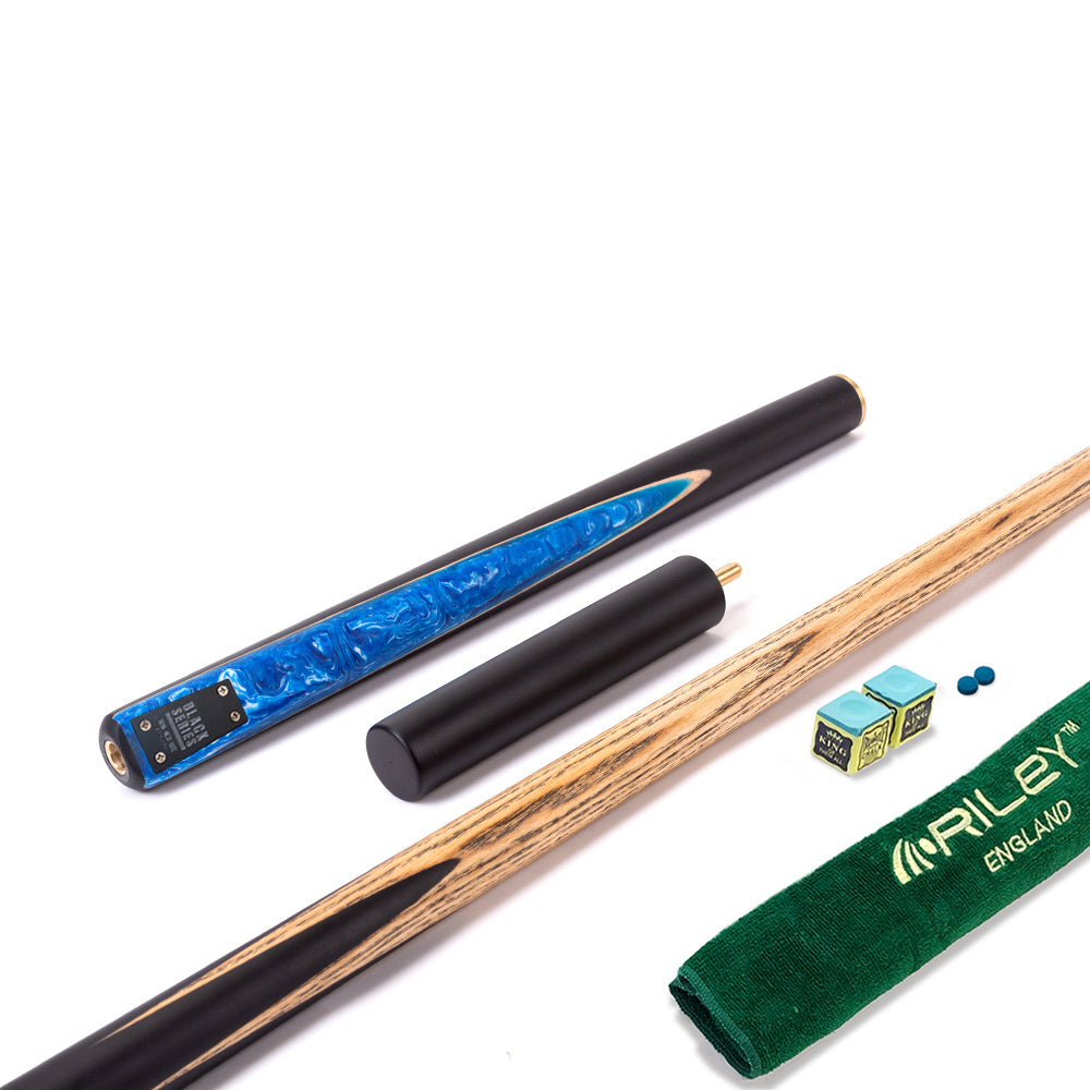 BCE Black Series - 3 Piece Snooker Cue - 3/4 Cut Cue - Layered Ebonised Black Wood Butt - 9.5mm Tip - 145cm - Black/ Blue and White Marbleised Resin