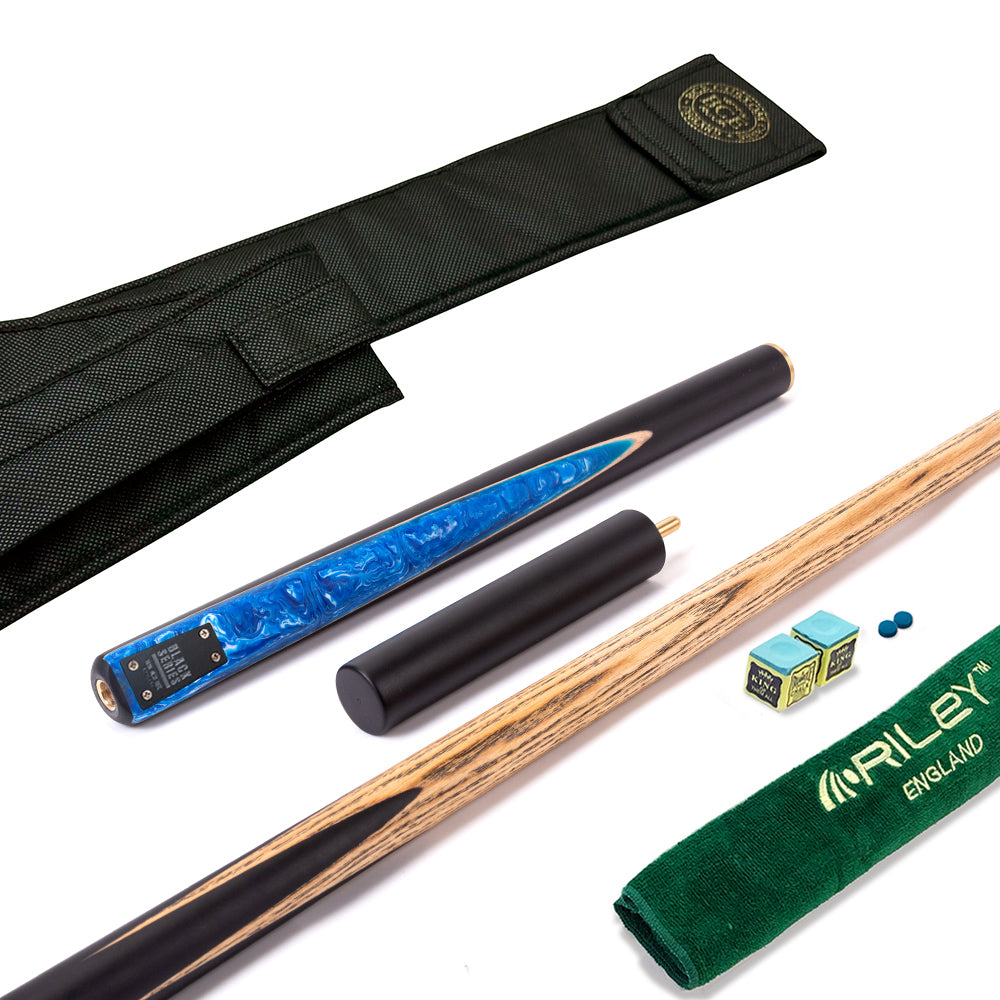 BCE Black Series - 3 Piece Snooker Cue - 3/4 Cut Cue - Layered Ebonised Black Wood Butt - 9.5mm Tip - 145cm - Black/ Blue and White Marbleised Resin