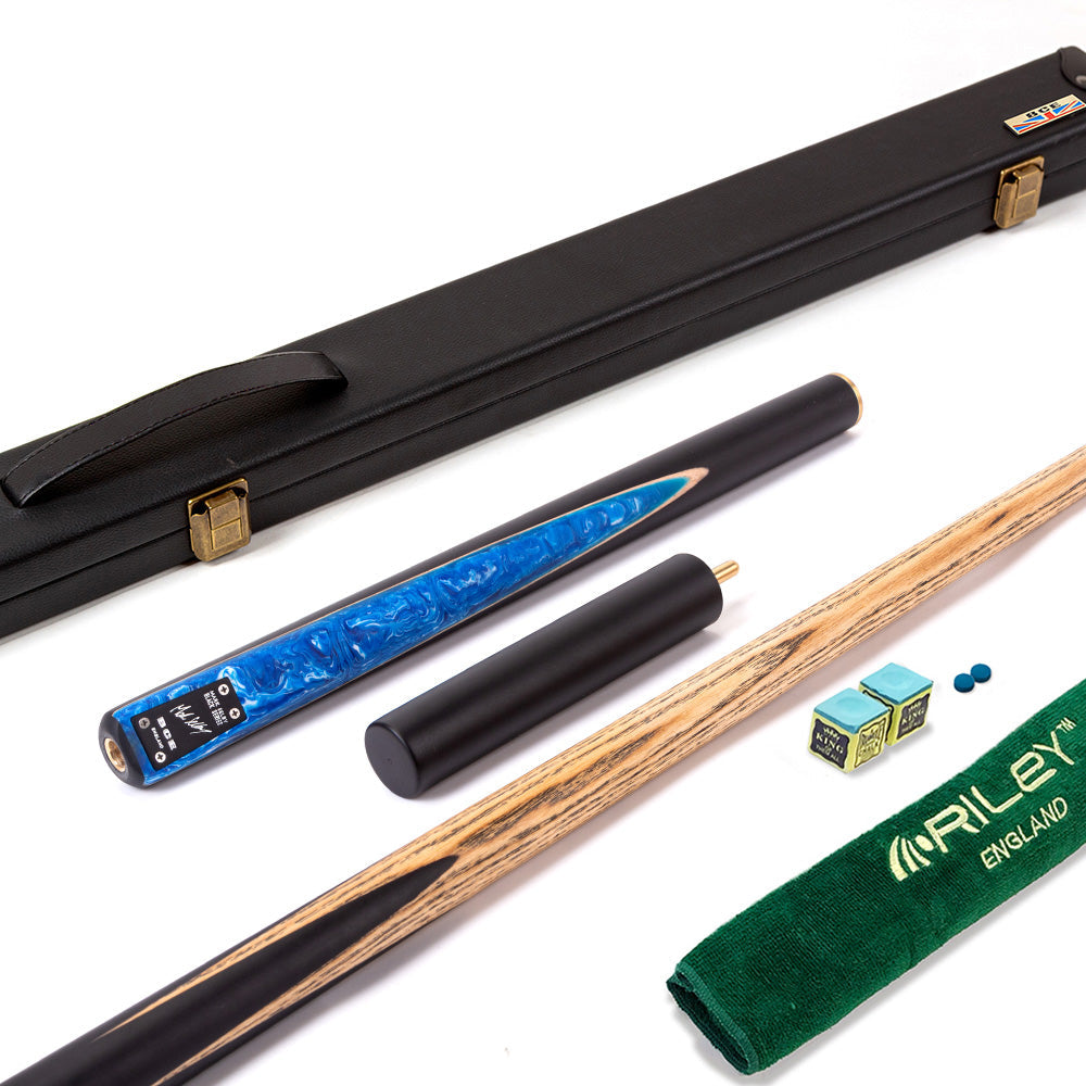 BCE Black Series - 3 Piece Snooker Cue - 3/4 Cut - Layered Ebonised Black Wood Butt - 9.5mm Tip - 145cm - Black/ Blue and White Marbleised Resin / Natural Wood