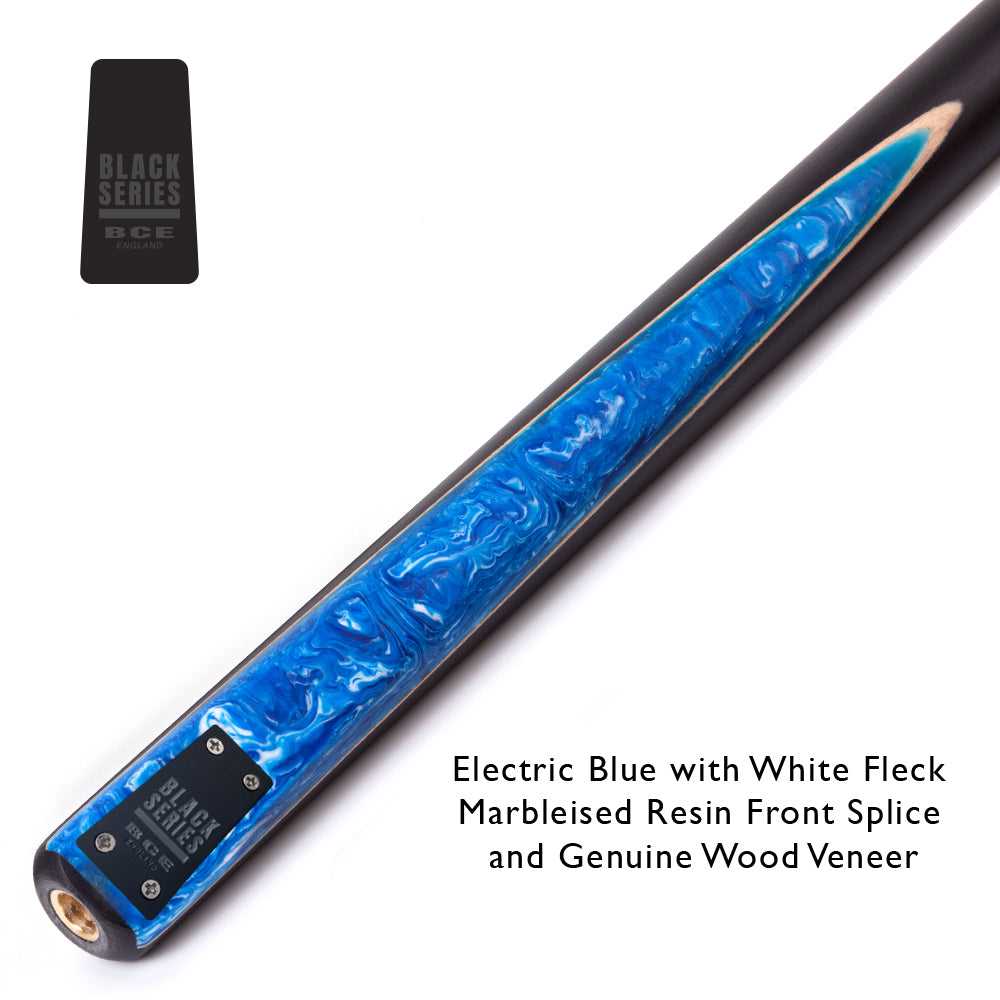 BCE Black Series - 3 Piece Snooker Cue - 3/4 Cut Cue - Layered Ebonised Black Wood Butt - 9.5mm Tip - 145cm - Black/ Blue and White Marbleised Resin