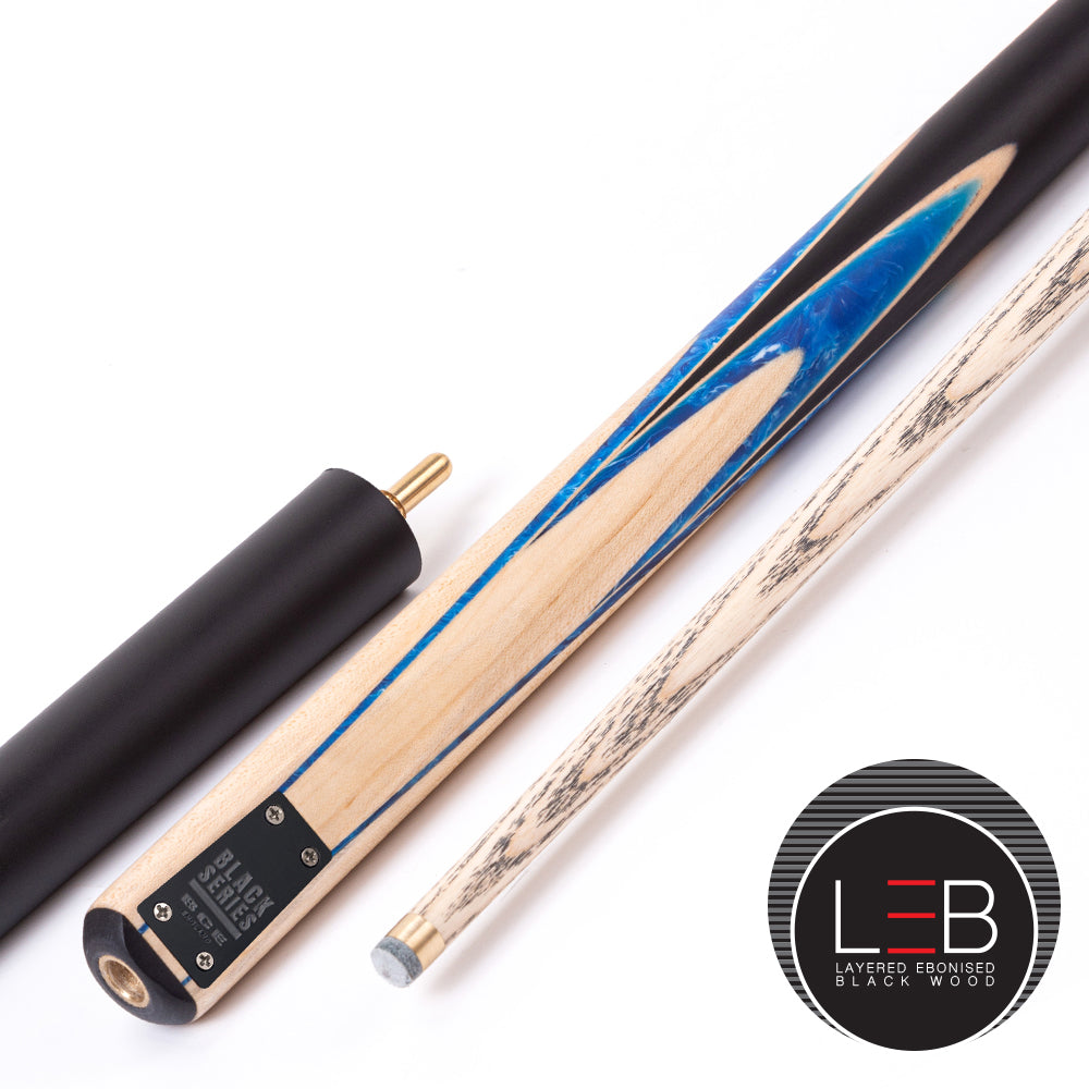 BCE Black Series - 3 Piece Snooker Cue - 3/4 Cut - Layered Ebonised Black Wood Butt - 9.5mm Tip - 145cm - Black/ Blue and White Marbleised Resin / Natural Wood