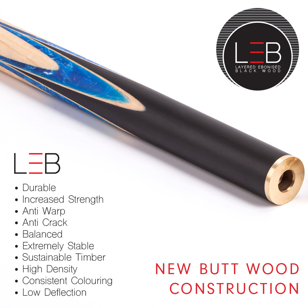 BCE Black Series - 3 Piece Snooker Cue - 3/4 Cut - Layered Ebonised Black Wood Butt - 9.5mm Tip - 145cm - Black/ Blue and White Marbleised Resin / Natural Wood