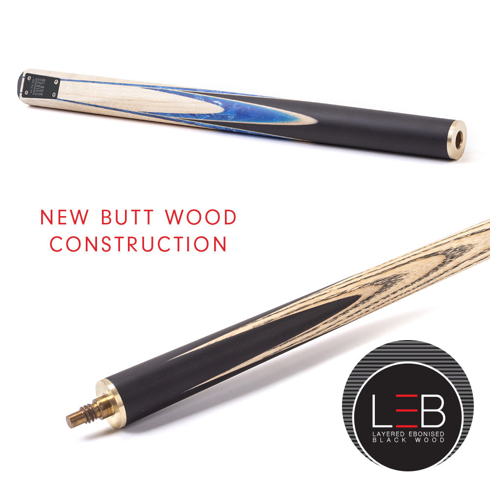 BCE Black Series - 3 Piece Snooker Cue - 3/4 Cut - Layered Ebonised Black Wood Butt - 9.5mm Tip - 145cm - Black/ Blue and White Marbleised Resin / Natural Wood