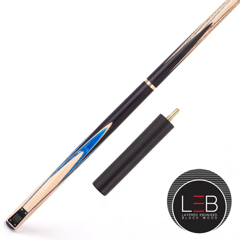 BCE Black Series - 3 Piece Snooker Cue - 3/4 Cut - Layered Ebonised Black Wood Butt - 9.5mm Tip - 145cm - Black/ Blue and White Marbleised Resin / Natural Wood