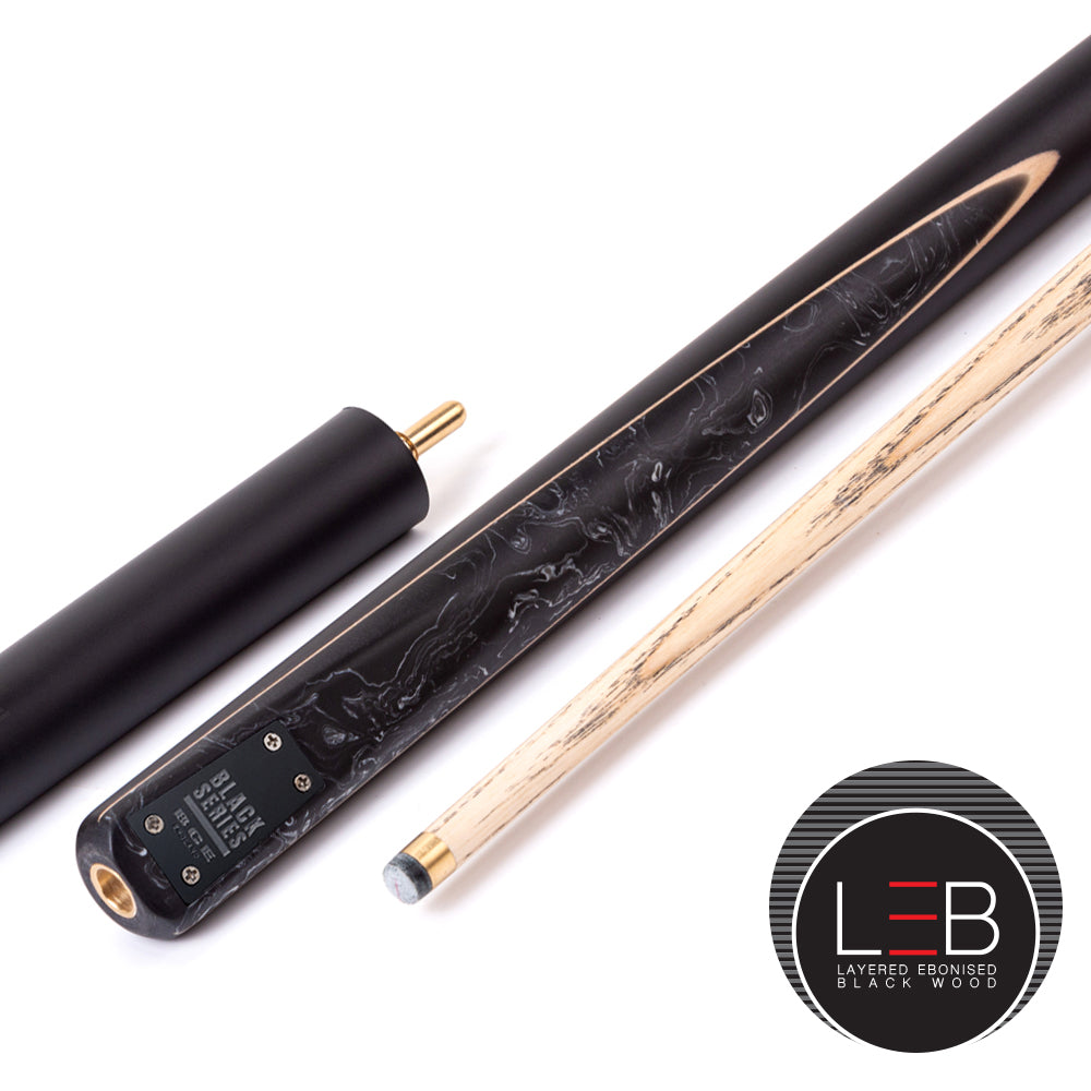BCE Black Series - 3 Piece Snooker Cue - 3/4 Cut Cue - Layered Ebonised Black Wood Butt - 9.5mm Tip - 145cm - Black/ Black and White Marbleised Resin